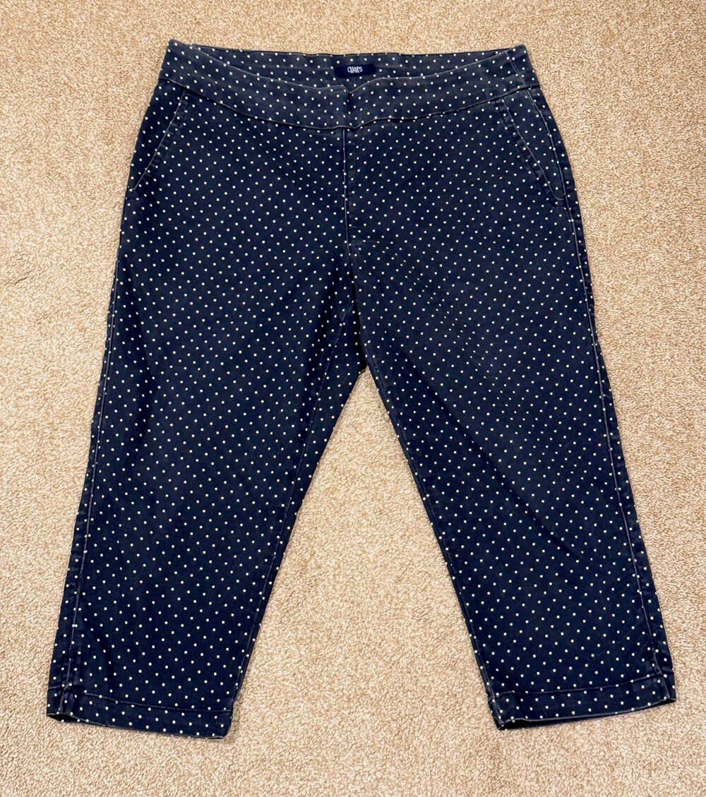 Chaps Capri Pants Womens Large Navy Blue White Polka Dot Cropped Stretch